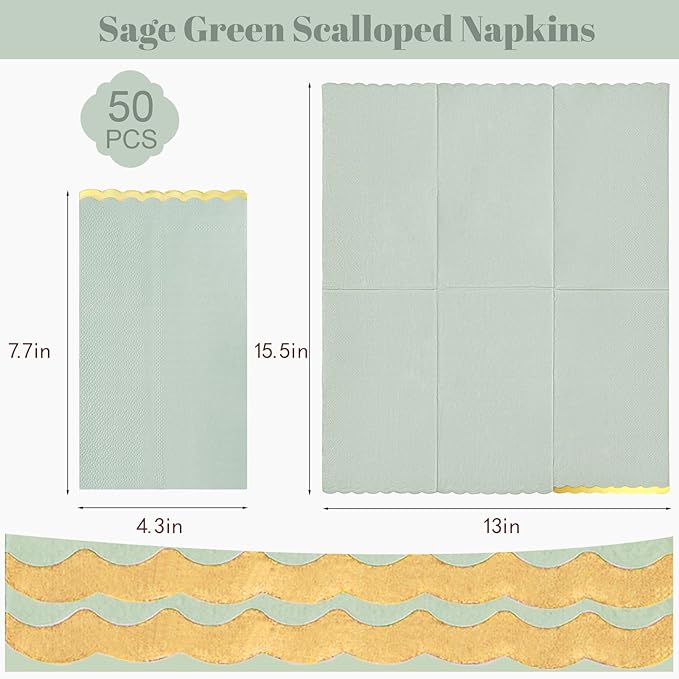 50 Sage Green Paper Napkins Decorative, Gold Foil Scalloped Edged Guest Napkins Disposable, Dinner Napkins for Wedding, Shower Baby, Birthday Parties Supplies(4 x 8 In, Sage Green)