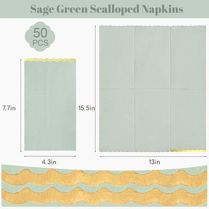 50 Sage Green Paper Napkins Decorative, Gold Foil Scalloped Edged Guest Napkins Disposable, Dinner Napkins for Wedding, Shower Baby, Birthday Parties Supplies(4 x 8 In, Sage Green)