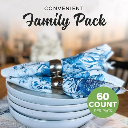 SimuLinen Blue Floral Decorative Dinner Napkins, Disposable Cloth-Like Paper Napkins, Linen Feel, Premium Airlaid Material, Highly Absorbent, Pack of 60