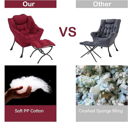 LITA Lazy Chair with Ottoman, Modern Accent Leisure Upholstered Sofa Chairs, Contemporary Lounge Reading Chairs with Armrests and a Side Pocket for Living Room, Bedroom & Small Space, Burgundy