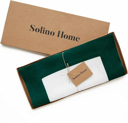Solino Home Linen Table Runner 72 Inches Long - 100% Pure Linen Rainforest and White Dining Table Runner 14 x 72 Inch for Fall, Autumn, Christmas, Winter, New Year - Contempo