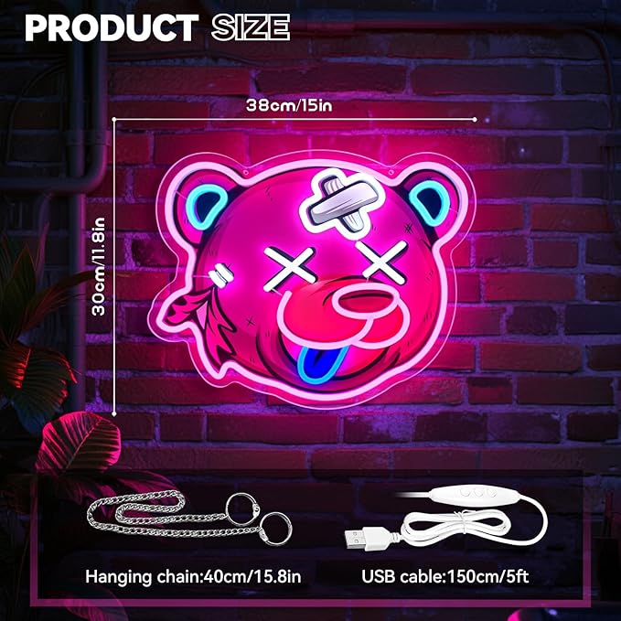 Pink Bear Neon Sign, Bear Head Neon Signs for Wall Decor, Dimmable Acrylic Neon Lights for Girls Room Bedroom Game Room Club Bar Party Decorations, Perfect Gifts