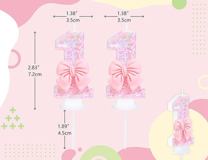 Number 11 Candle Pink Sequins and Bowtie 11th Cake Topper, 11 Birthday Candle for Girls Pastel Sweet Theme Birthday Party or Adults Milestone Age Decoration