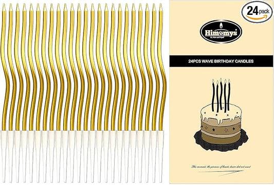 Gold Spiral Long Thin Birthday Candles for Cake – Metallic Cake Decorations, Happy Birthday Candles with Holders, Long Lasting & Safe (24, Gold)