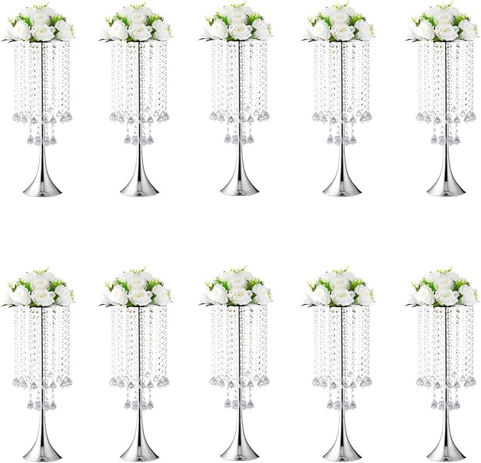 Set of 10pcs Silver Crystal Centerpieces Tall Metal Flower Arrangement Vase for Wedding Party Dinner Event Hotel Home Decor
