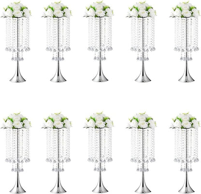 Set of 10pcs Silver Crystal Centerpieces Tall Metal Flower Arrangement Vase for Wedding Party Dinner Event Hotel Home Decor