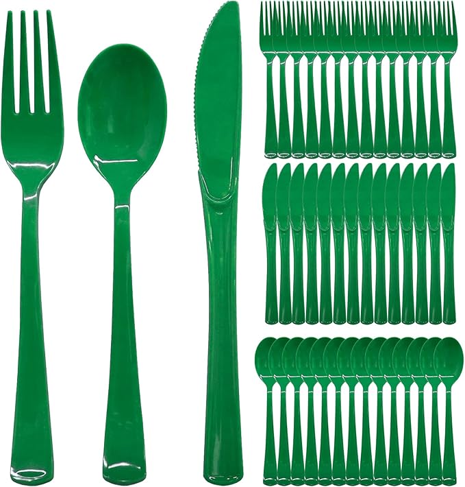 300 PCS Green Plastic Silverware Heavy Duty Disposable Green Utensils Sets Include 100 Plastic Forks, 100 Knives, 100 Spoons for Birthday, Picnic, Christmas, St. Patrick's Day