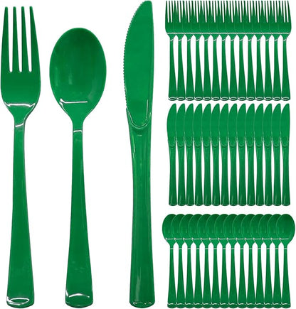 300 PCS Green Plastic Silverware Heavy Duty Disposable Green Utensils Sets Include 100 Plastic Forks, 100 Knives, 100 Spoons for Birthday, Picnic, Christmas, St. Patrick's Day