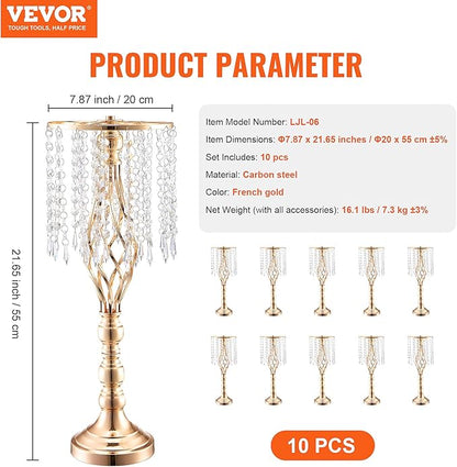 VEVOR 10PCS 55cm/21.65” Tall Crystal Wedding Flower Stand, Metal Wedding Centerpiece Vase, Gold Flower Holders Floral Display Rack for Tables Wedding Dinner Party, Ceremony Birthday Event Decor
