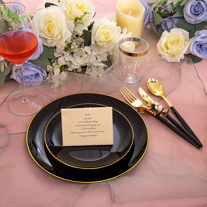 LIYH 180 Pcs Black Plastic Dinnerware Set with Gold Silverware,Halloween Plates, Black Plastic Plates Disposable, Heavyduty Gold Utensils Set for Parties,Halloween Happy New Year 30 Guests