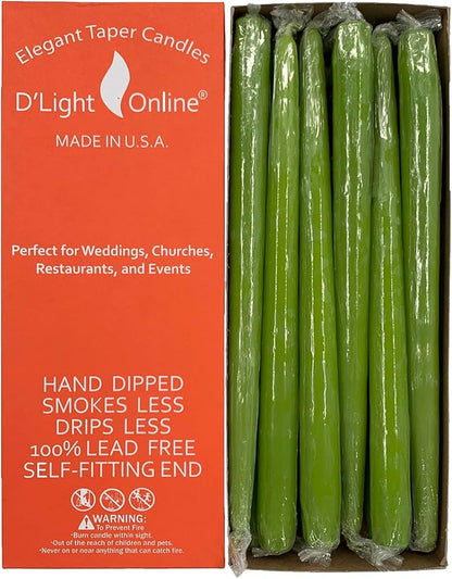 D'light Online Elegant 10" Unscented Fresh Lime Green Tapered Candles Premium Quality Candles Hand-Dipped, Dripless Taper Candles and Smokeless - Set of 12 Individually Wrapped (10 Inch, Fresh Green)