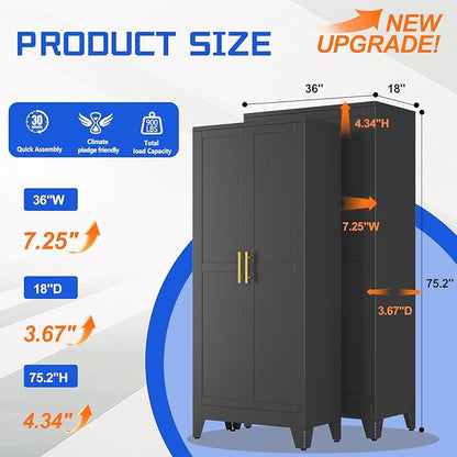 75.2" Tall Metal Storage Cabinet with 2 Doors and 5 Adjustable Shelves, New upgrade Kitchen Pantry Cabinet, Black Freestanding Cupboard, 6 Tier Steel Storage for Office, Kitchen, Dining, Garage