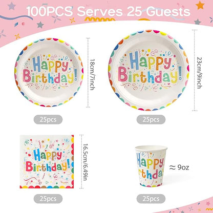 100pcs Birthday Party Plates Disposable Tableware Set Colored Semicircles Paper Plates for 25 Guests Party Supplies Baby Shower(Include 7" & 9" Plates, Cups and Napkins)
