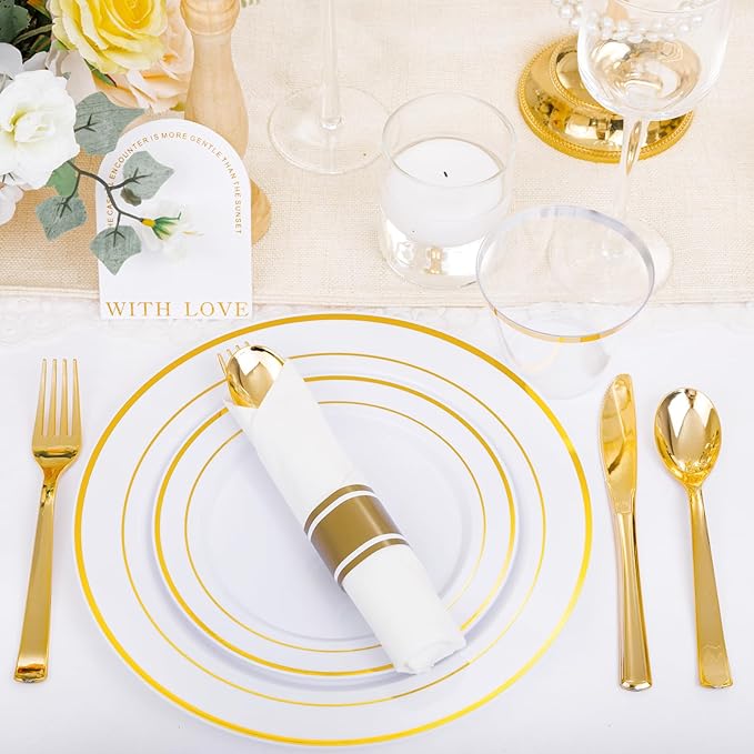 DaYammi 210PCS Gold Plastic Dinnerware Set Christmas Plates Disposable Disposable Plates for Party, Include: 30 Dinner Plates, 30 Dessert Plates, 30 Pre Rolled Napkins with Gold Silverware, 30 Cups