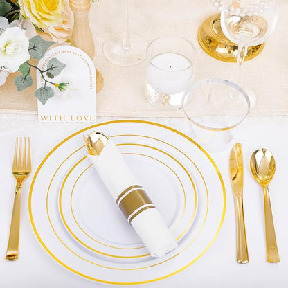 DaYammi 210PCS Gold Plastic Dinnerware Set Christmas Plates Disposable Disposable Plates for Party, Include: 30 Dinner Plates, 30 Dessert Plates, 30 Pre Rolled Napkins with Gold Silverware, 30 Cups