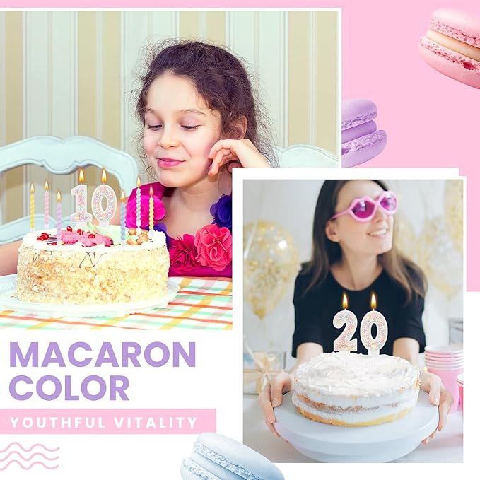 MTLEE Number 0 Birthday Candle with 12 Pcs Spiral Candles for Girls Macaron Pastel Rainbow Unicorn Pink Cake Topper for Sweet Theme Party Decoration