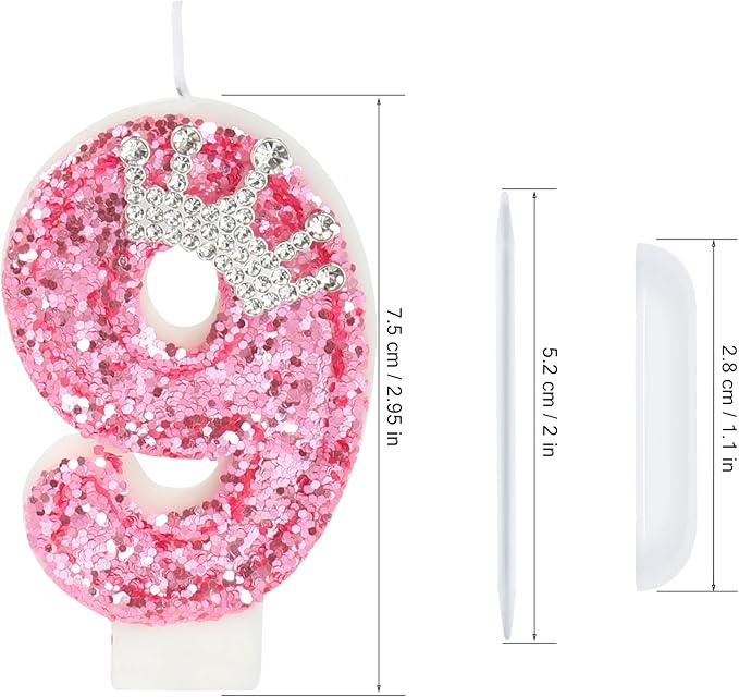 Birthday Number Candles,Pink Crown Birthday Candles for Cake,Glitter Number 9 Candle Cake Topper with Sequins for Girls,Women, Anniversary Celebrations Supplies (Pink 9)