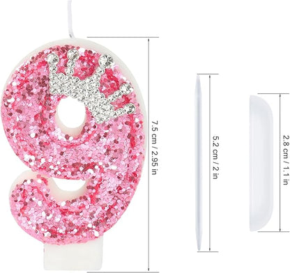 Birthday Number Candles,Pink Crown Birthday Candles for Cake,Glitter Number 9 Candle Cake Topper with Sequins for Girls,Women, Anniversary Celebrations Supplies (Pink 9)