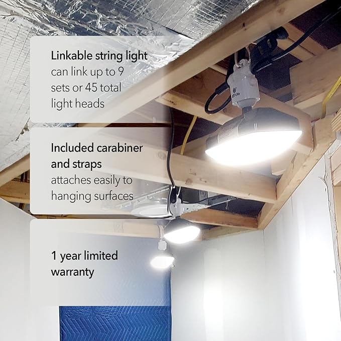 GT-Lite 50FT LED Work Light 7500 Lumen 75W LED Damp Location Construction String Lights Linkable for Jobsite Lighting, Adjustable, ETL Listed (5 Light Heads) (7500 Lumen)