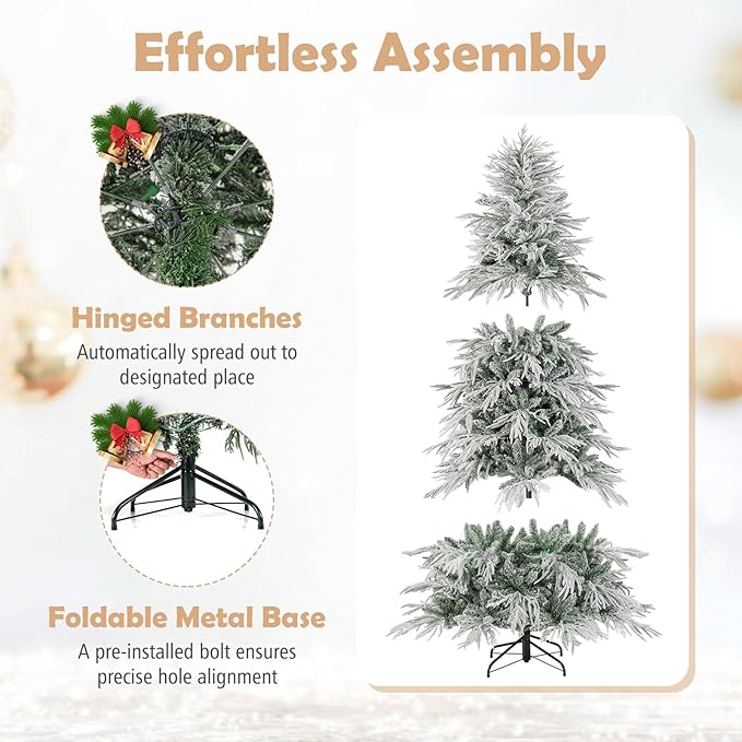 GOFLAME 7FT Pre-lit Artificial Christmas Tree, Snow Flocked Hinged Xmas Tree with 340 Warm White LED Lights, 820 Branch Tips and Folding Metal Stand, Holiday Decoration Tree for Home Party