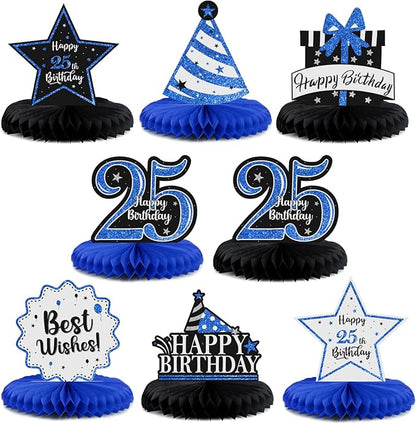 Happy 25th Birthday Decorations,25th Bday Blue Glitter Shiny Stand Honeycomb Table Centerpieces - Cheers to 25 Years Old Birthday Party Photoprop Gift Sign.