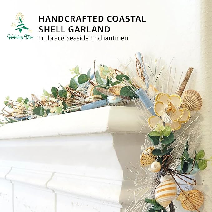 Holiday Tree 5' Coastal Shell Christmas Garland – Handcrafted Beach Christmas Decor with Capiz Shells, Driftwood & Twigs | Coastal Elegance for Mantle, Wall, Bedroom, Dining & Doorway