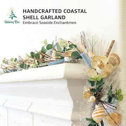 Holiday Tree 5' Coastal Shell Christmas Garland – Handcrafted Beach Christmas Decor with Capiz Shells, Driftwood & Twigs | Coastal Elegance for Mantle, Wall, Bedroom, Dining & Doorway