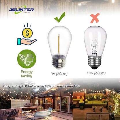 Jslinter S14 1W Outdoor String Lights Bulbs LED, Shatterproof & Waterproof, 2200K Warm White, 11W Equivalent, E26 Base, Edison Vintage Style Replacement for Patio Garden, 16-Pack