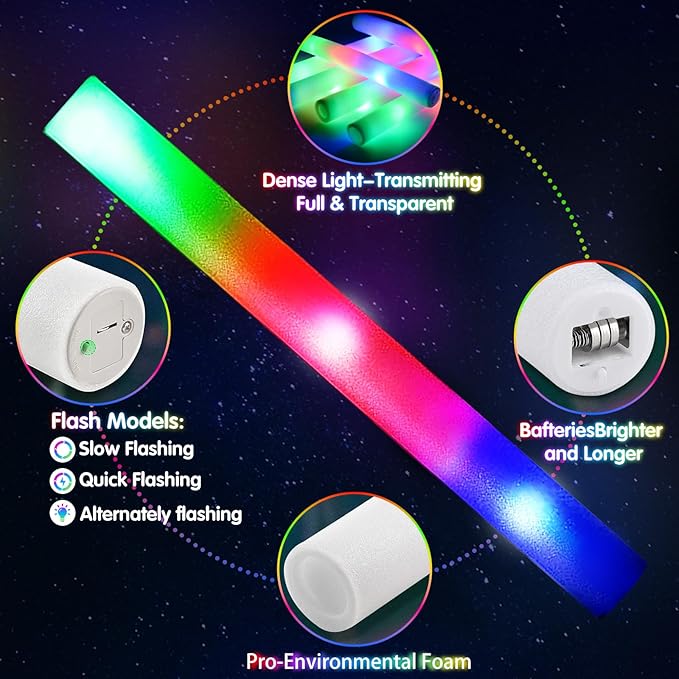 102 PCS Led Foam Sticks, Bulk Glow Sticks with 3 Colors Flashing, Light Up Baton Wands for Kids, Glow Sticks Party Supplies for party, Wedding, Raves, Concert, Camping, Sporting Events