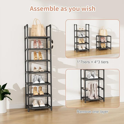 LANTEFUL Tall Shoe Rack 7 Tier Narrow Shoe Shelf Storage for 7-14 Pairs Shoe and Boot, Sturdy Shoe Storage Space Saving Corner Shoe Rack Organizer for Closet, Entryway, Living Room, Brown