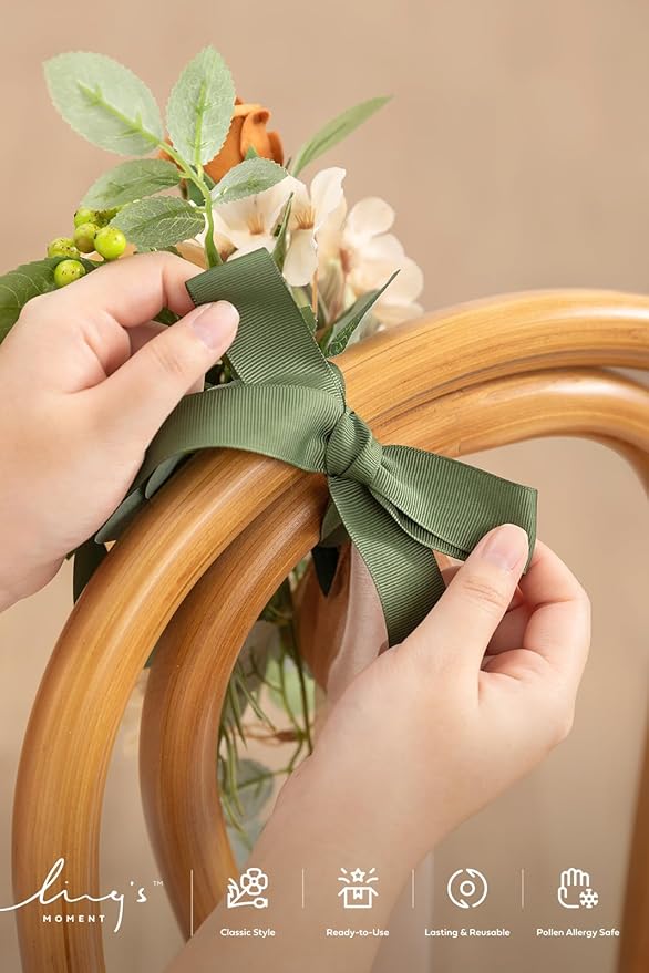 Ling's moment 8 Wedding Artificial Aisle Pew Flowers Chair Decorations Arrangements with Chiffon Ribbons Apricot Sage for Ceremony Reception Chair Back Floral Decor Reception Church Party Outdoor