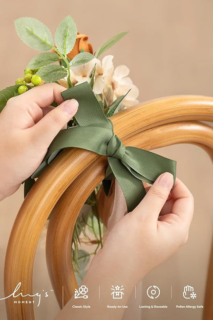 Ling's moment 8 Wedding Artificial Aisle Pew Flowers Chair Decorations Arrangements with Chiffon Ribbons Apricot Sage for Ceremony Reception Chair Back Floral Decor Reception Church Party Outdoor