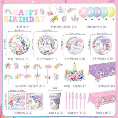 Unicorn Birthday Decorations Includes Plates, Napkins, Cups, Cutlery, Hanging Swirls, Banner, Cake & Cupcake Toppers, Balloons, Tablecloths for Rainbow Girls Birthday Party Decorations, Serve 20