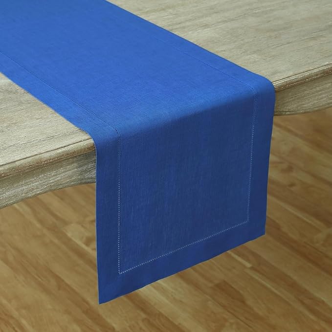 Solino Home Linen Royal Blue Table Runner 156 Inches Long - 100% Pure Linen Extra Long Table Runner 14 x 156 Inch for Christmas - Classic Hemstitch