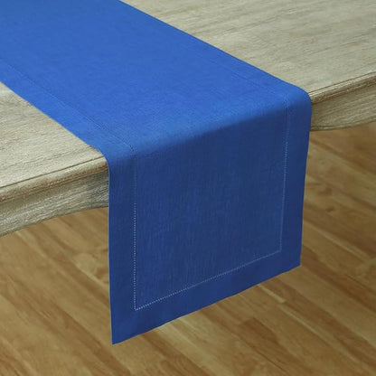 Solino Home Linen Royal Blue Table Runner 156 Inches Long - 100% Pure Linen Extra Long Table Runner 14 x 156 Inch for Christmas - Classic Hemstitch