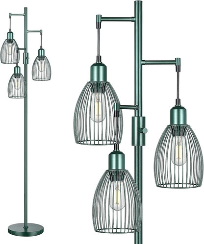 Torondo Dimmable Industrial Floor Lamps for Living Room, Green Tree Standing Tall Lamps with 3 Elegant Teardrop Cage Head & 800 Lumens LED Bulbs for Bedroom Office