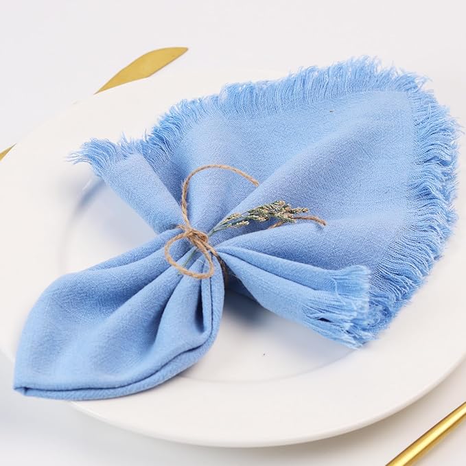 Handmade Cloth Napkins with Fringe,18 x 18 Inches Cotton Linen Napkins Set of 4 Versatile Handmade Square Rustic Fringe Napkins for Dinner, Wedding and Parties, Dusty Blue