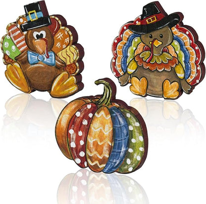 Smile 3 Pcs Wooden Blocks Pumpkin Turkey Signs, Thanksgiving Decor Indoor, Table Tiered Tray Kitchen Decorations
