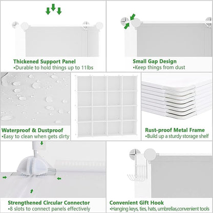 C&AHOME Cube Storage Organizer, 16-Cube Shelves Units, Plastic Storage Cubes, DIY Closet Organizer, Modular Closet Storage Shelves Ideal for Home, Bedroom, 48.4" L × 12.4" W × 48.4" H Milky UPCS16M