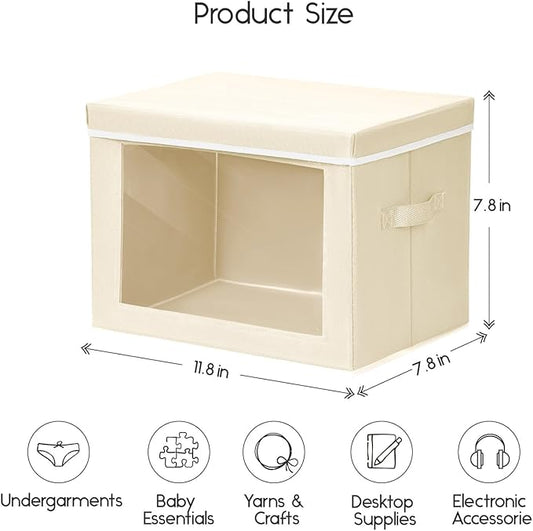 Storage Bins with Lids - Small Fabric Organizers with Window, Collapsible Storage Bins for Clothes, Decorative Closet Organizers for Towels, Tshirt, 4 Pack, Beige
