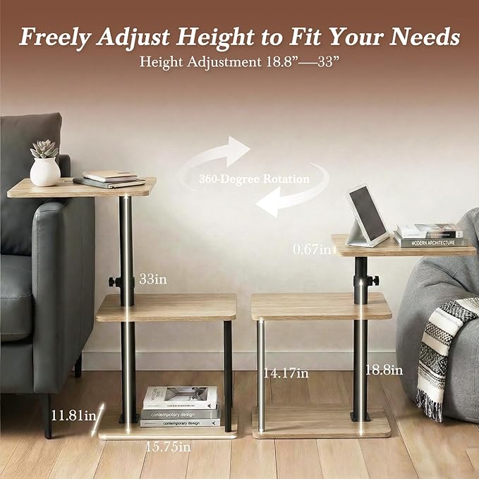 360° Swivel Side Table for Height Adjustable, C Shaped End Table for Couch with Storage, 3-Tier Night Stand with Open Shelf, Tv Tray for Small Spaces, Living Room, Bedroom, Oak