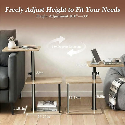 360° Swivel Side Table for Height Adjustable, C Shaped End Table for Couch with Storage, 3-Tier Night Stand with Open Shelf, Tv Tray for Small Spaces, Living Room, Bedroom, Oak