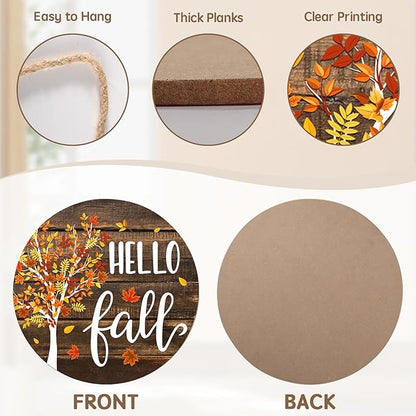 Hello Fall Wreath for Front Door Fall Tree Welcome Door Sign 12x12 Inch Autumn Maple Leaves Wood Door Hanger Farmhouse Thanksgiving Hanging Plaque for Home Porch Wall Indoor Outdoor Decorations