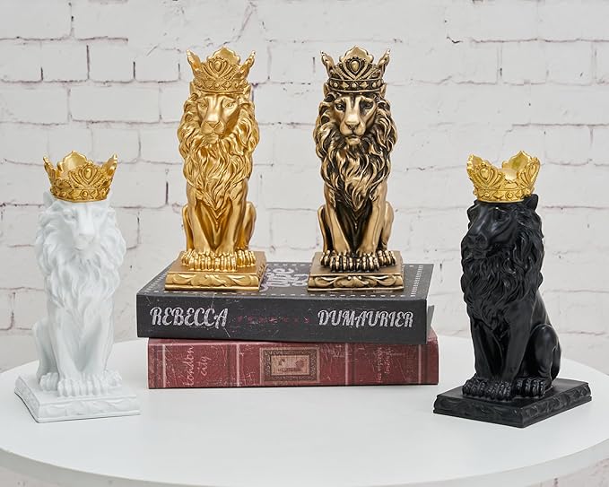 Lion Statue Decor 9 inch Resin, Gold Decor Accent Crown Lion Statue Man Home Office Desk Table Shelf Decoration, Men Father Leo Gift