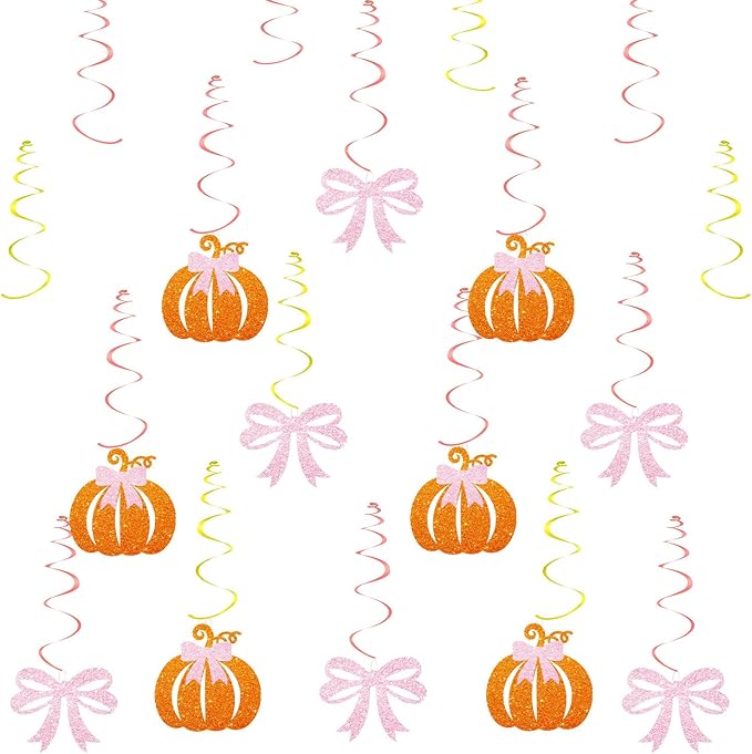 30pcs Pink Bow Pumpkin Hanging Swirls, Little Pumpkin Hanging Decoration for Girl, Thanksgiving Baby Shower Foil Ceilling Decor, Autumn Fall Gender Reveal Party Favors - Orange Glitter