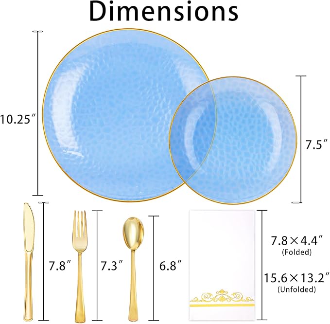 150 Pcs Blue Plastic Dinnnerware Set for 25 Guests - Clear Blue Plastic Plates Disposable with Gold Trim - Fancy Disposable Plates for Party Wedding Birthday Thanksgiving