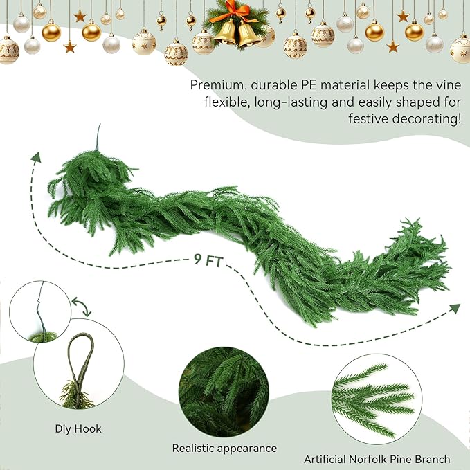9FT Christmas Garland Artificial Norfolk Pine Garland，Handmade Real Touch Greenery Faux Pine Needles Garland for Home Table Mantle Fireplace Indoor Outdoor Christmas Decor(Dark Green)