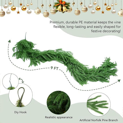 9FT Christmas Garland Artificial Norfolk Pine Garland，Handmade Real Touch Greenery Faux Pine Needles Garland for Home Table Mantle Fireplace Indoor Outdoor Christmas Decor(Dark Green)