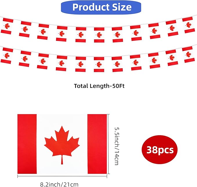 Canada Small String Flags, 50 Feet 38 Pcs Canadian Pennant Banner Bunting Flags, Patriotic Events, Independence Day, Country Festival, Commemoration, Decorations (Canada)