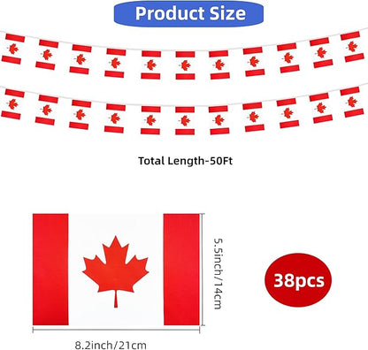 Canada Small String Flags, 50 Feet 38 Pcs Canadian Pennant Banner Bunting Flags, Patriotic Events, Independence Day, Country Festival, Commemoration, Decorations (Canada)